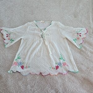Rocks & Indigo Women's Sheer Chiffon Embroidered White Blouse Peasant Fairy Sz S